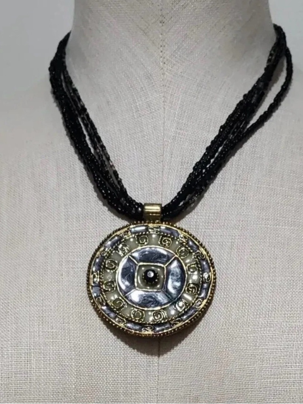 Two-Tone Gold and Silver Medallion Necklace with Black Beaded Strands